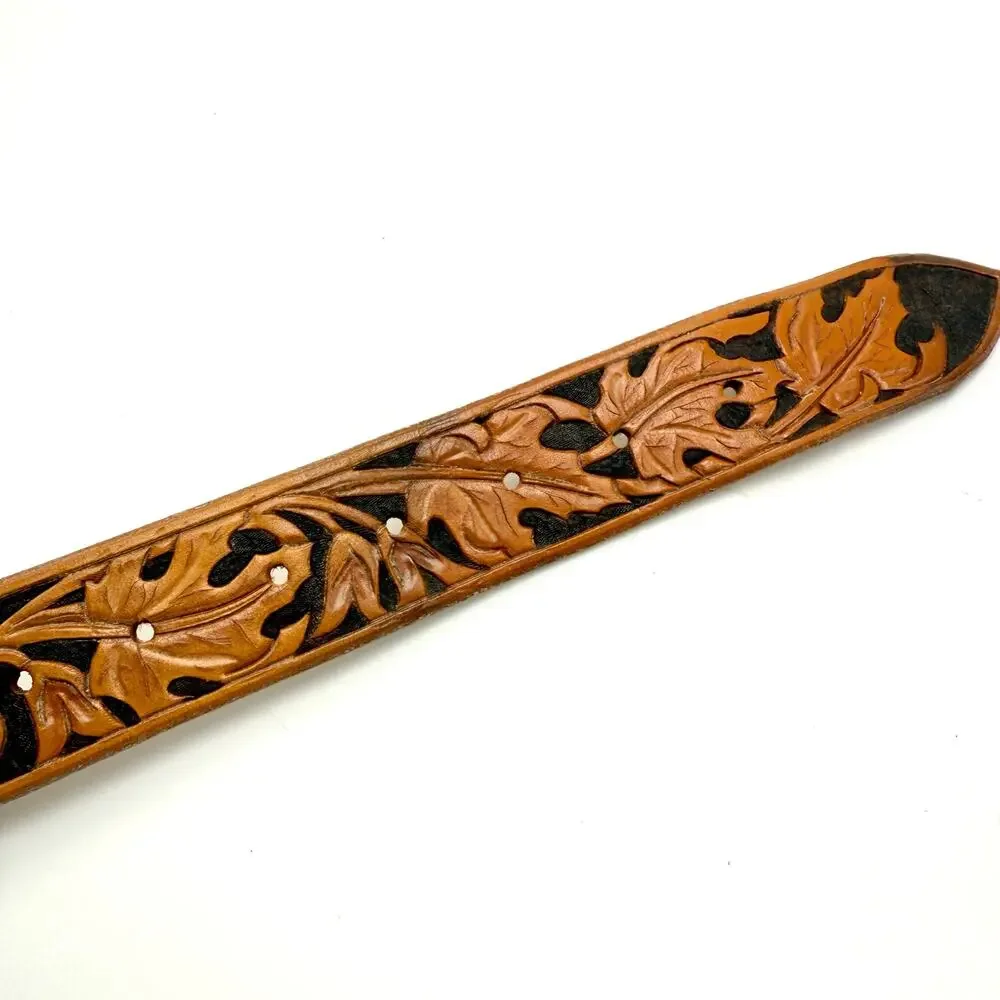 Maureen Vintage Western Name Belt 32 Hand Tooled Brown Leather Leaves No Buckle